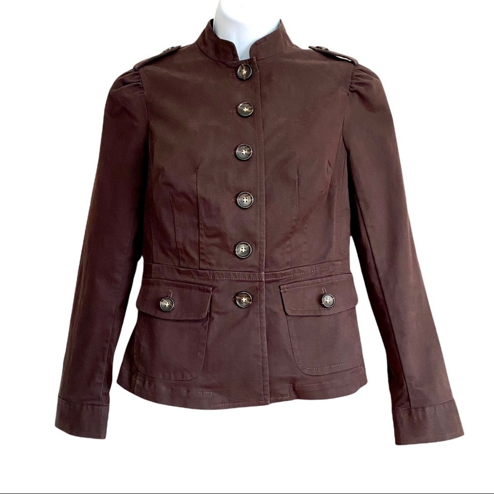 Brown Band Military Style Collar Blazer Size 2 XS Cotton Jacket Front Buttons